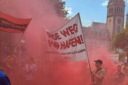 Demonstration gegen den Verkauf der HHLA an die MSC in Hamburg am 31. August 2024. Foto: RedGlobe