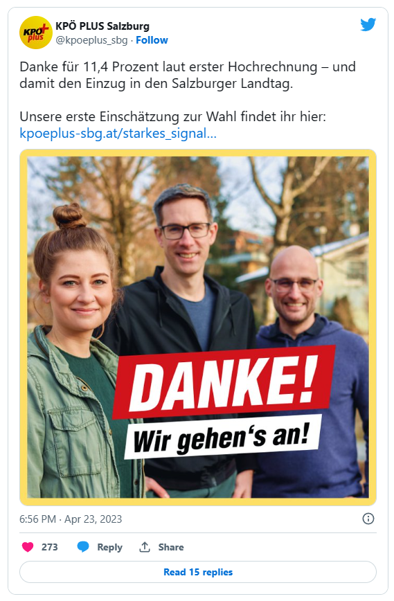 Nachricht der KPÖ Plus Salzburg nach dem Wahlerfolg. Screenshot: Twitter